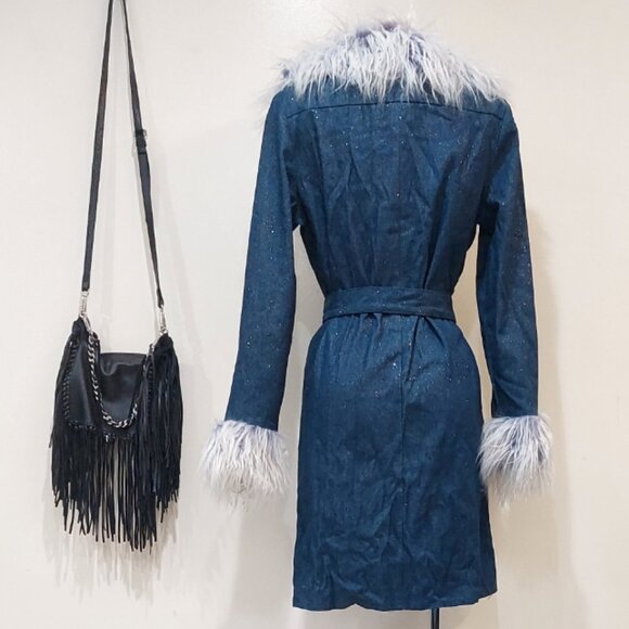 💋GORG!💋LIMITED EDITION FAUX MONGOLIAN FUR COLLAR GLITTERY DENIM AFGHAN COAT - Picture 4 of 16